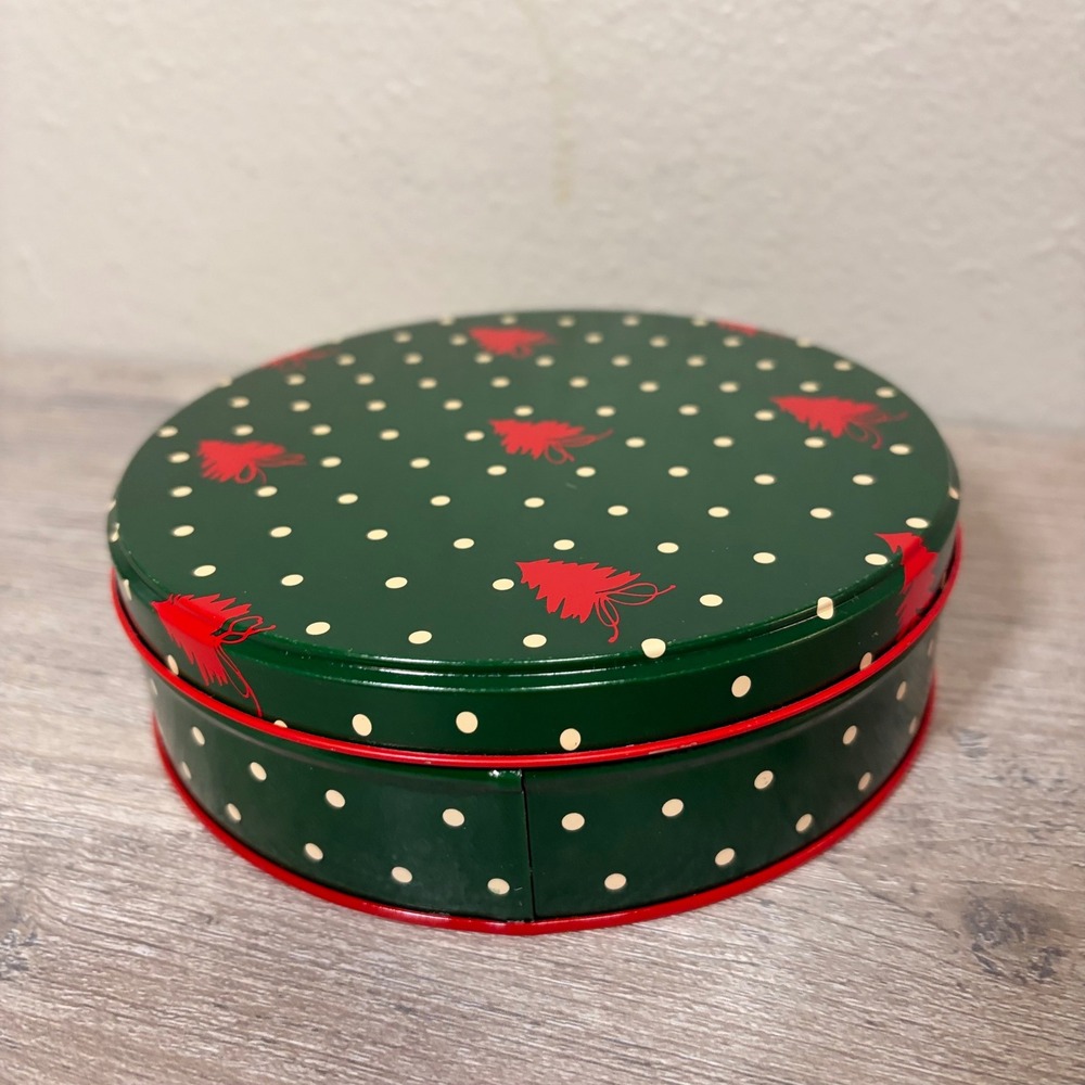 Vintage Potpourri Press Christmas Tin Green Red Polka Dot Tree Round 6 Inch